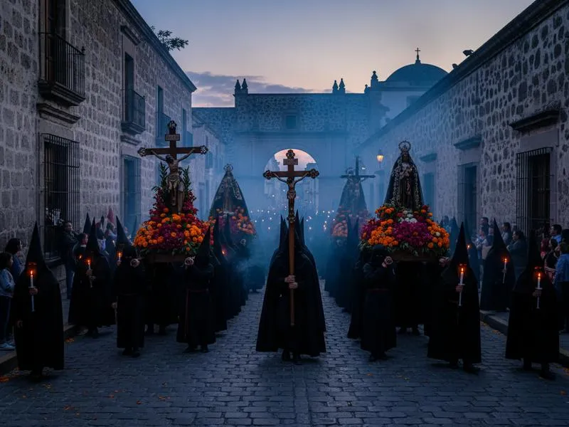 Silent Semana Santa procession in Oaxaca with candlelight and purple-robed participants walking through colonial streets