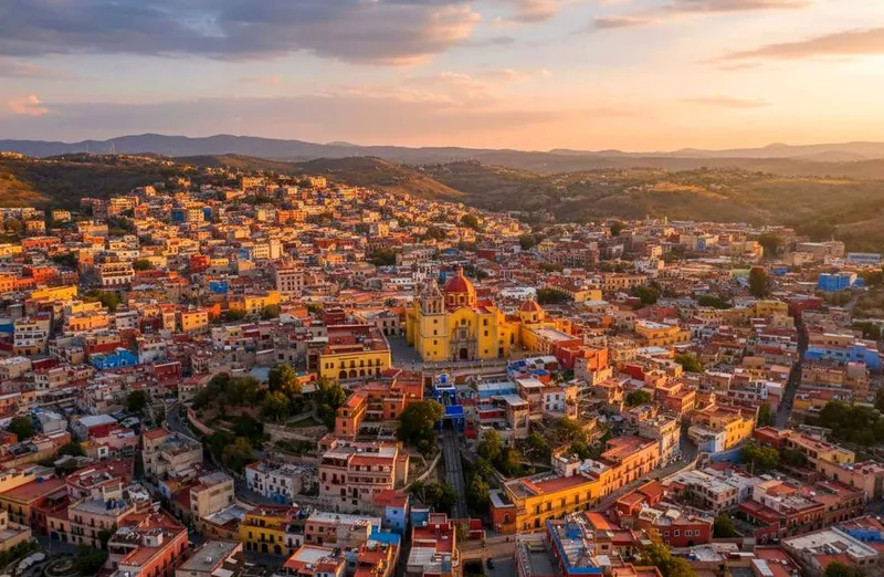 Panoramic view of colorful Guanajuato city built into a narrow canyon, central Mexico