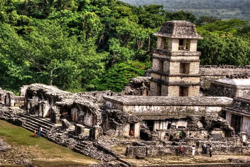 Palenque archaeological zone palace tower — departing point before ascending the mountains toward San Cristóbal