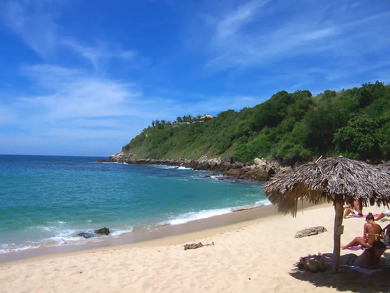 Golden sand cove sheltered by rocky cliffs and palms