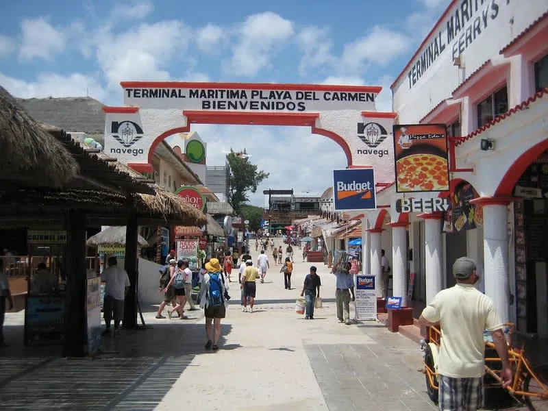 Palm-lined beach in Playa del Carmen with turquoise water and white sand on a bright summer day
