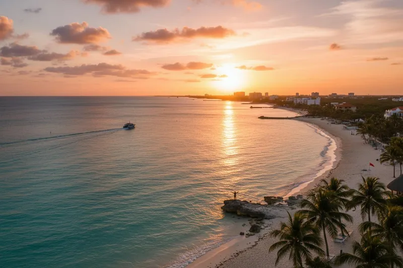Wet sand and palm shadows along a quiet Playa del Carmen shoreline after rain