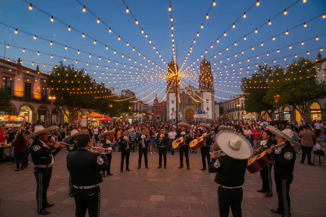 Plaza de los Mariachis in Guadalajara at night — mariachi bands in charro suits performing under string lights at the birthplace of Mexico's most iconic music