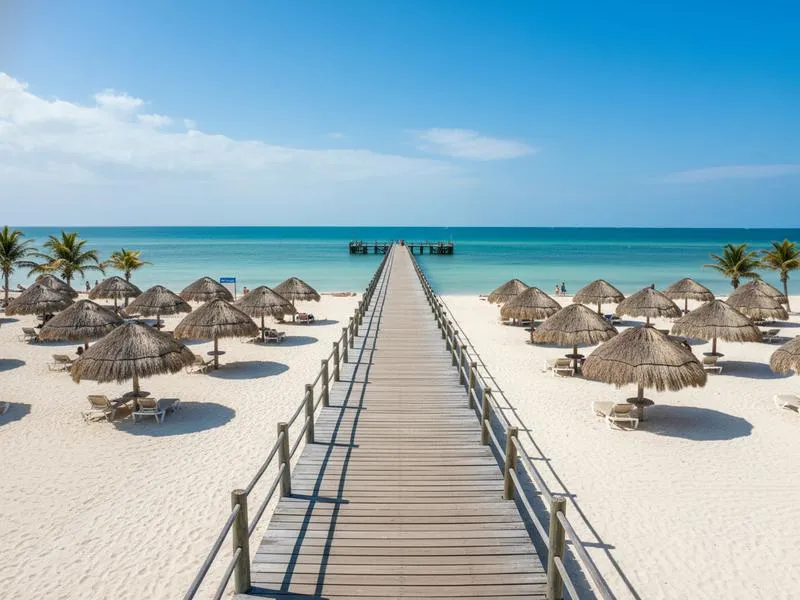 Progreso Yucatan beach pier stretching into Gulf of Mexico with calm water and fishing boats