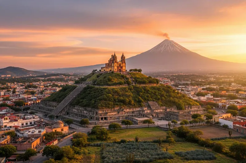 Puebla cathedral towers and colonial facades before the mountain road north
