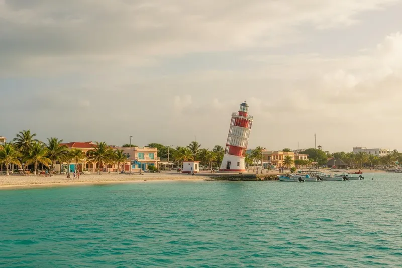 Puerto Morelos beach and reef boats under a gray June sky