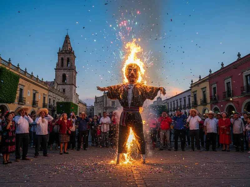 Colorful papier-mache Judas effigy exploding with fireworks in a Mexican town square during Holy Saturday celebrations