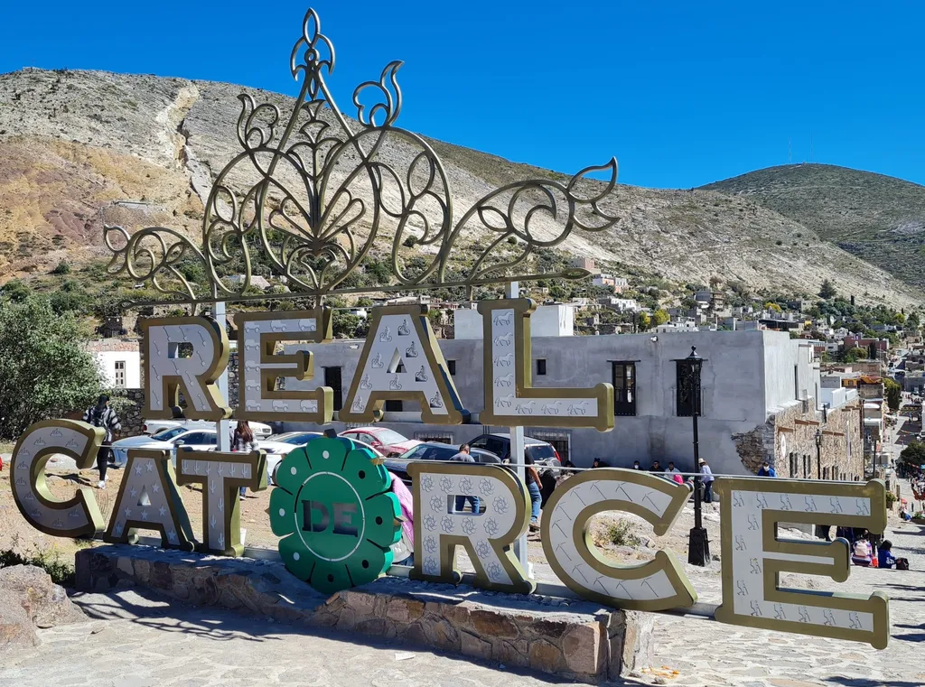 Stone street and desert hills in Real de Catorce, San Luis Potosi