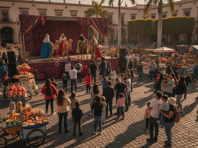 Three Kings Day parade scene in a Mexican plaza with families