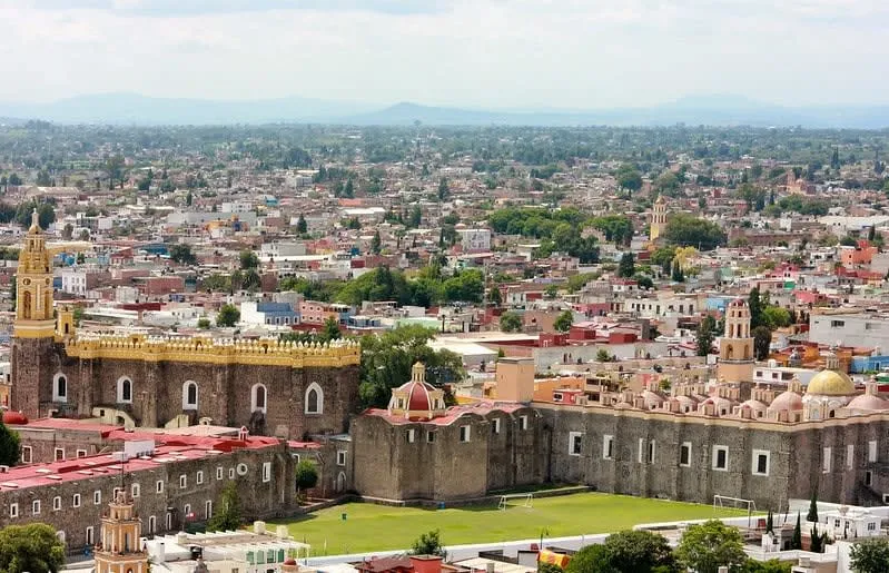 Cholula church and Popocatepetl volcano view in Puebla