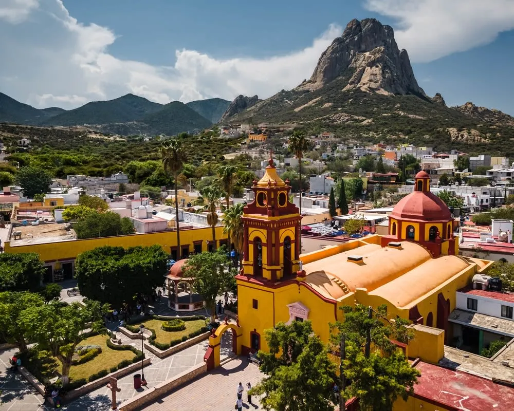 Peña de Bernal rising above the town in Querétaro