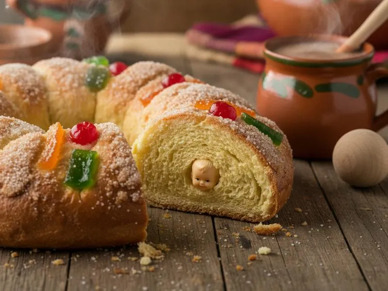 Small baby figurine hidden inside a slice of Rosca de Reyes