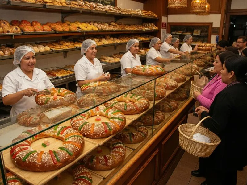 Mexican bakery counter filled with Rosca de Reyes before January 6