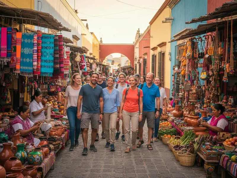 Travelers walking through a town market with colorful textiles and artisan stalls