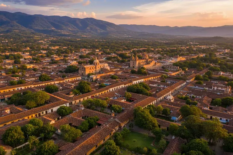 Colonial church and mountain street in San Cristóbal de las Casas under clear March light