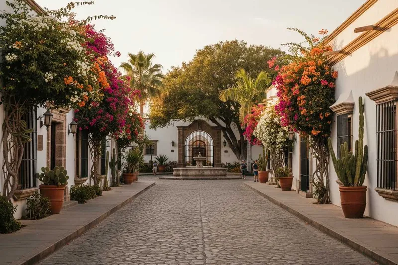 Whitewashed gallery street with desert landscaping in late-summer light