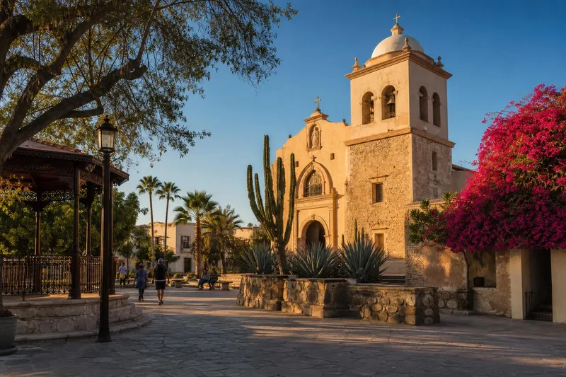 San Jose del Cabo plaza and mission during dry February weather