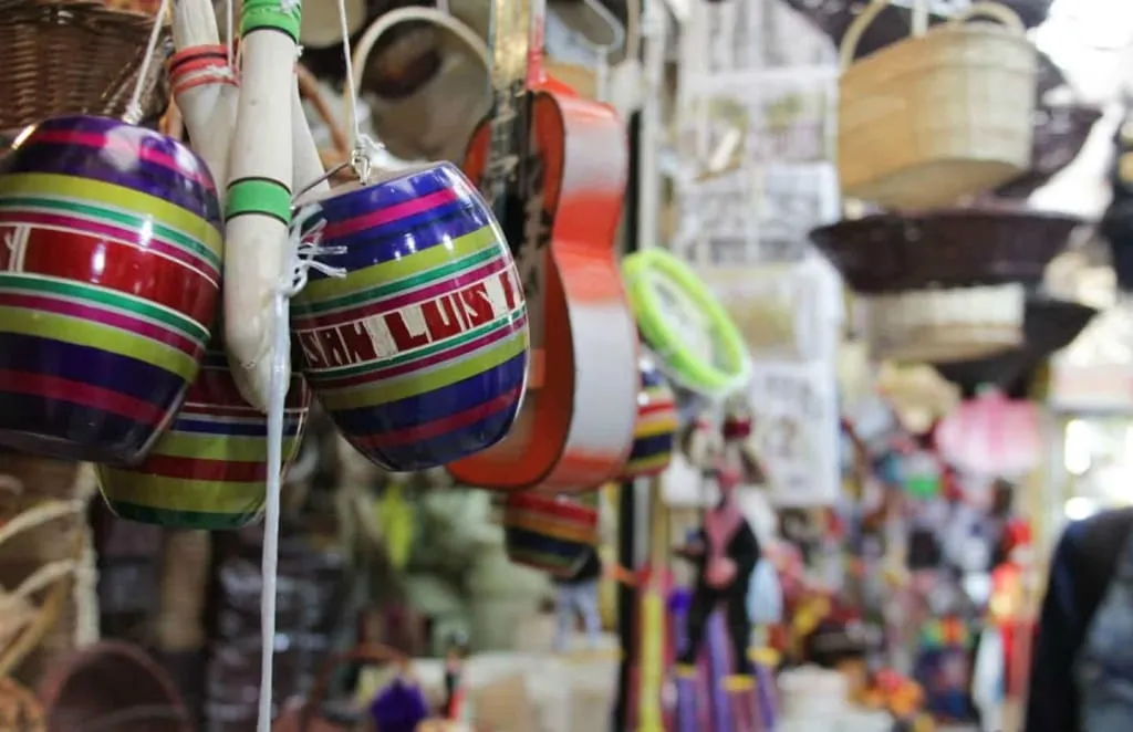 Produce stalls and regional food counters inside a San Luis Potosi market