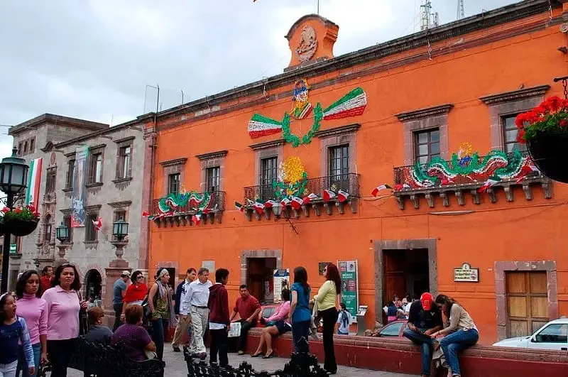 Municipal palace arcade beside the central plaza in San Miguel de Allende