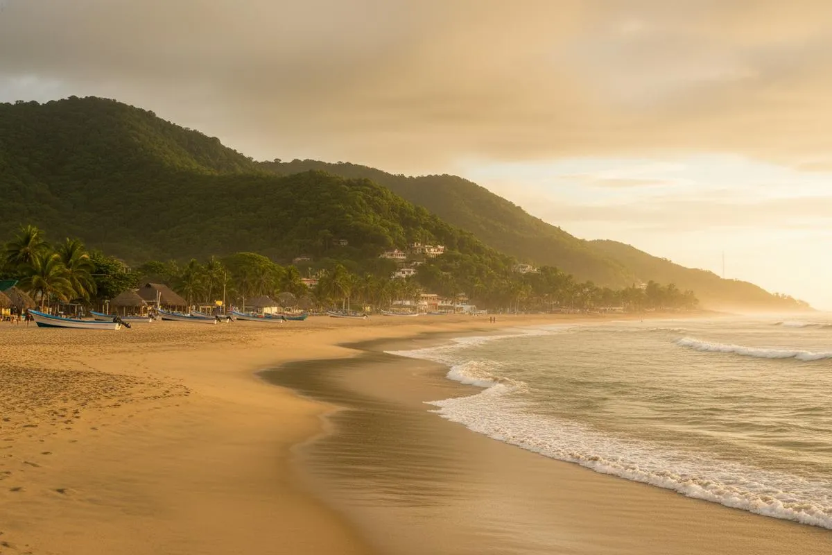 San Pancho beach backed by green Riviera Nayarit hills under humid rainy-season clouds