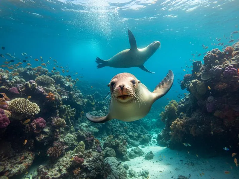 Snorkeler with a California sea lion in the clear blue waters of the Sea of Cortez, Baja California