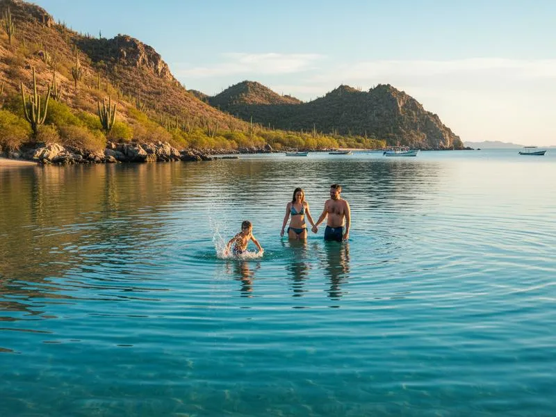 Children wading in clear Sea of Cortez water near La Paz with desert hills and cactus behind the beach