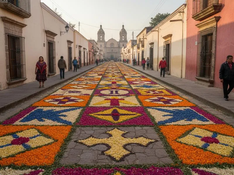 Intricate flower carpet alfombra laid out on a street for Semana Santa in Mexico