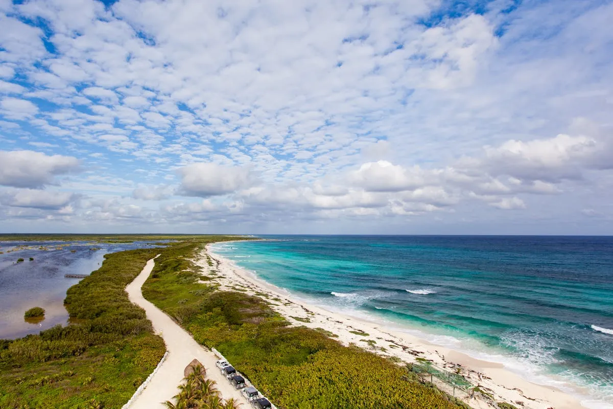 Aerial view of Sian Ka'an UNESCO Biosphere Reserve lagoon in Quintana Roo Mexico with turquoise water and pristine coastal jungle