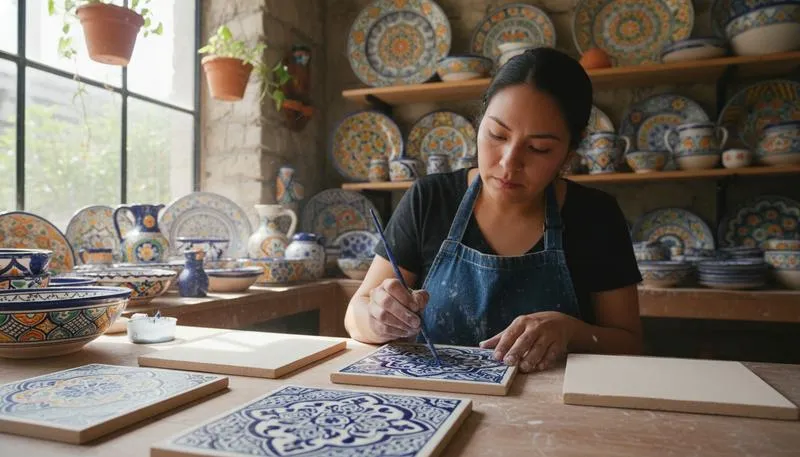 Talavera pottery workshop in Puebla — artisan hand-painting traditional blue and white ceramic tile with geometric Moorish-influenced patterns at the Uriarte workshop