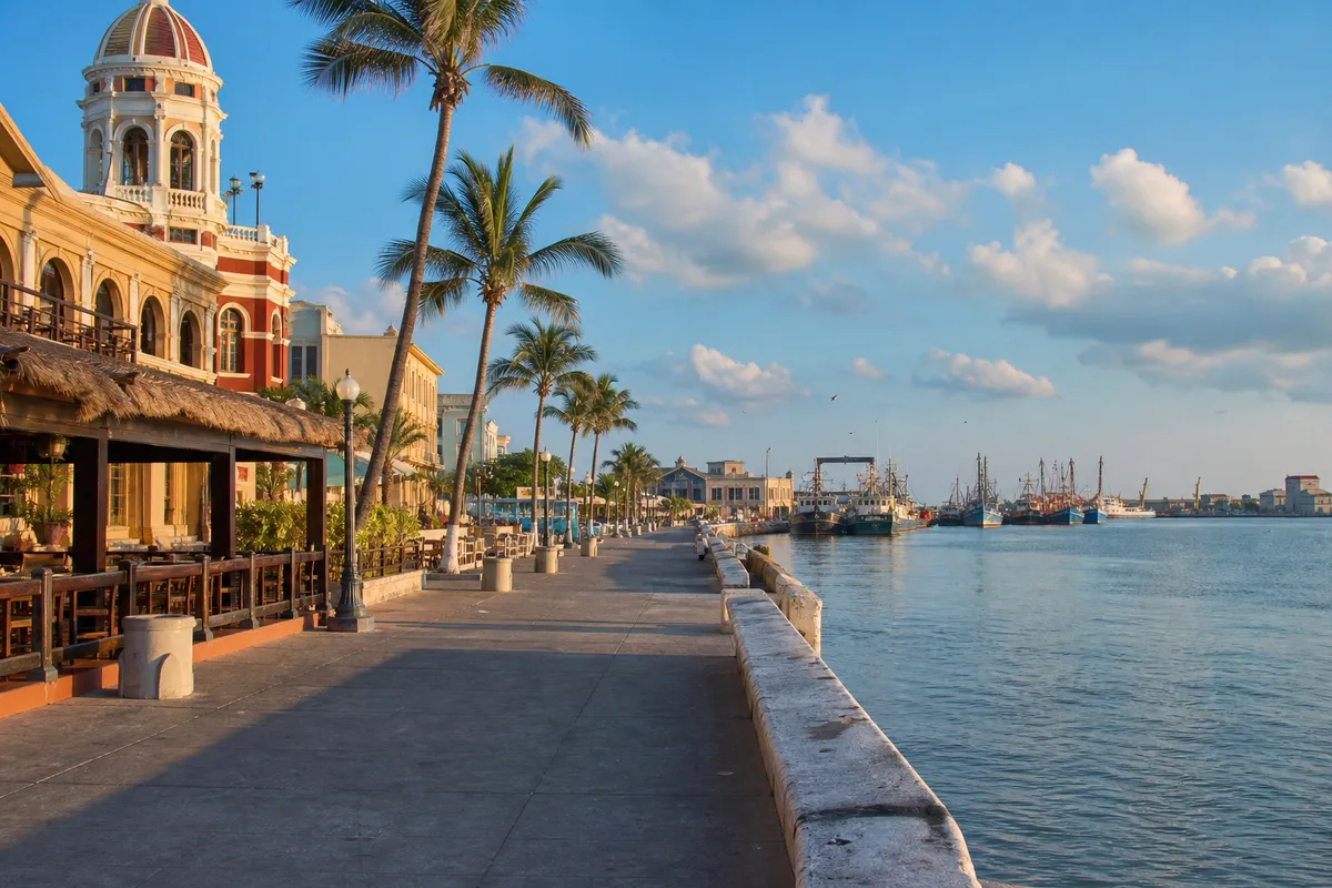 Palm-lined Tampico waterfront with bright Gulf Coast light, plaza paths, and low buildings near the lagoon
