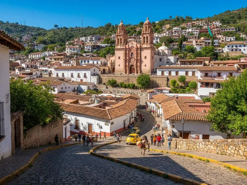Taxco Guerrero flagellant processions during Good Friday Semana Santa — penitentes in purple robes walking cobblestone streets in Mexico's silver city