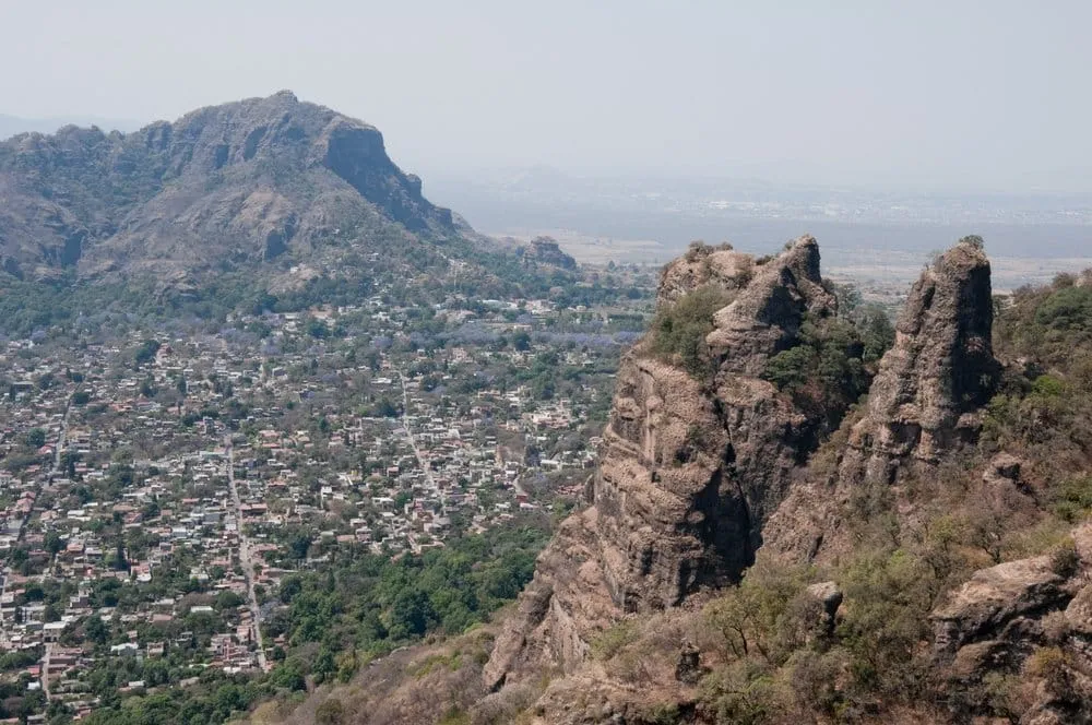 El Tepozteco Aztec pyramid on the volcanic cliff above Tepoztlán with panoramic views of the Valley of Morelos on a clear day