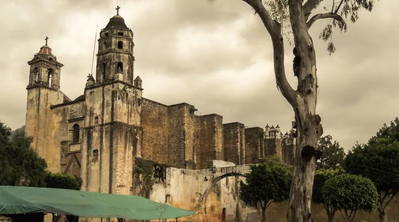 Food stalls and produce stands inside the Tepoztlán market during a humid weekend
