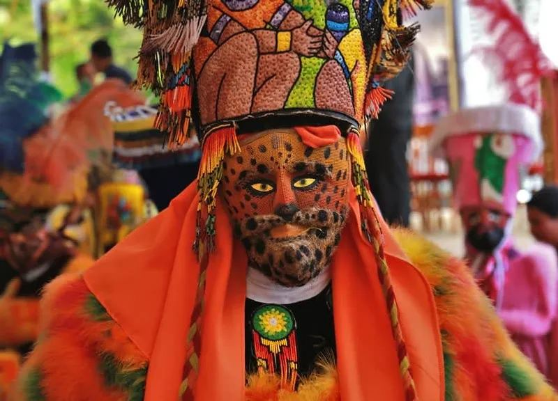 Chinelos dancers in traditional costumes during a Tepoztlan celebration