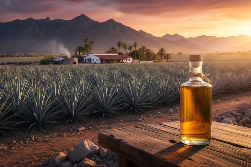 Blue agave rows outside Tequila under bright dry-season sun and pale Jalisco hills