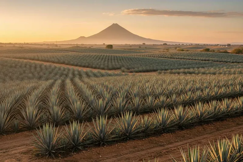 Sunlit blue agave fields near Tequila with dry hills and clear late-spring sky