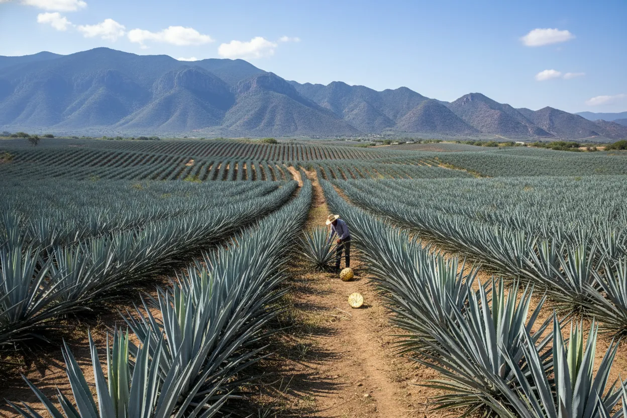 Blue agave fields on the Tequila Route near Guadalajara, Jalisco — rows of agave Weber plants with jimador harvester on the UNESCO World Heritage landscape