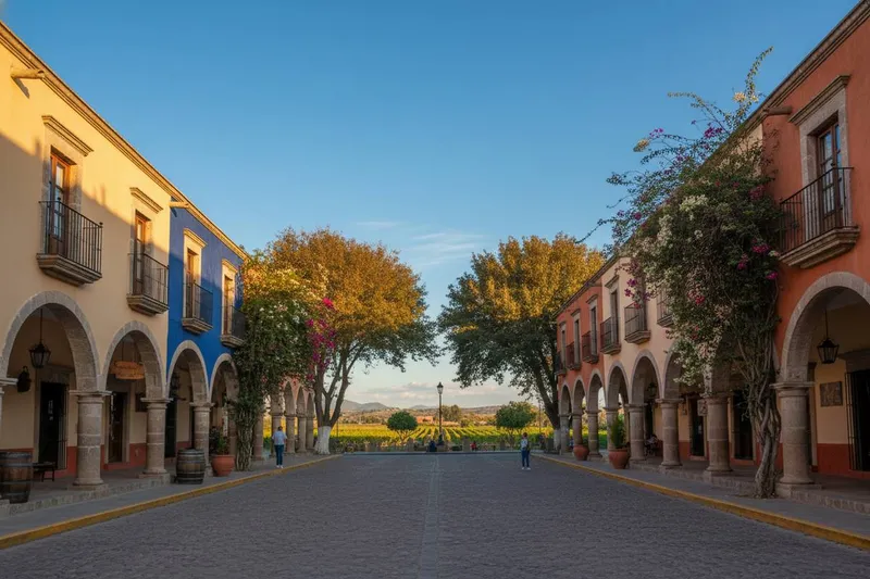 Tequisquiapan plaza arches under clear November light in Queretaro wine country