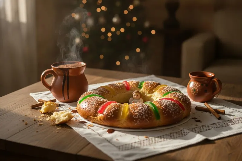 Rosca de Reyes bread served with hot chocolate in Mexico