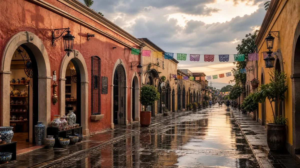 Wet cobblestone artisan street in Tlaquepaque after a June rain shower with papel picado and colorful shopfronts