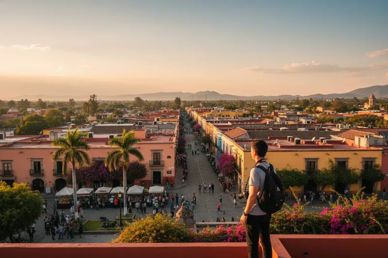 Colorful pedestrian street in Tlaquepaque with artisan storefronts and warm dry-season light