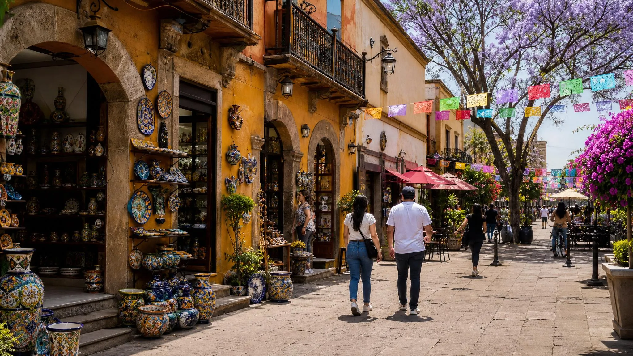 Colorful pedestrian street in Tlaquepaque with artisan shops, papel picado, and warm May light