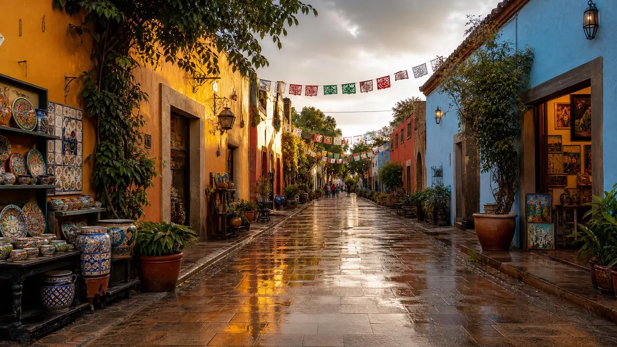 Wet pedestrian street in Tlaquepaque in September with colorful artisan storefronts and papel picado