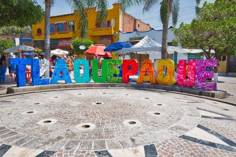 Pedestrian street in Tlaquepaque during warm May weather near Guadalajara