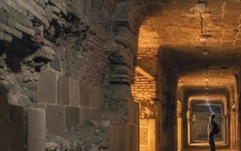 Protected mural wall and covered walkways at the Cacaxtla archaeological site in dry season