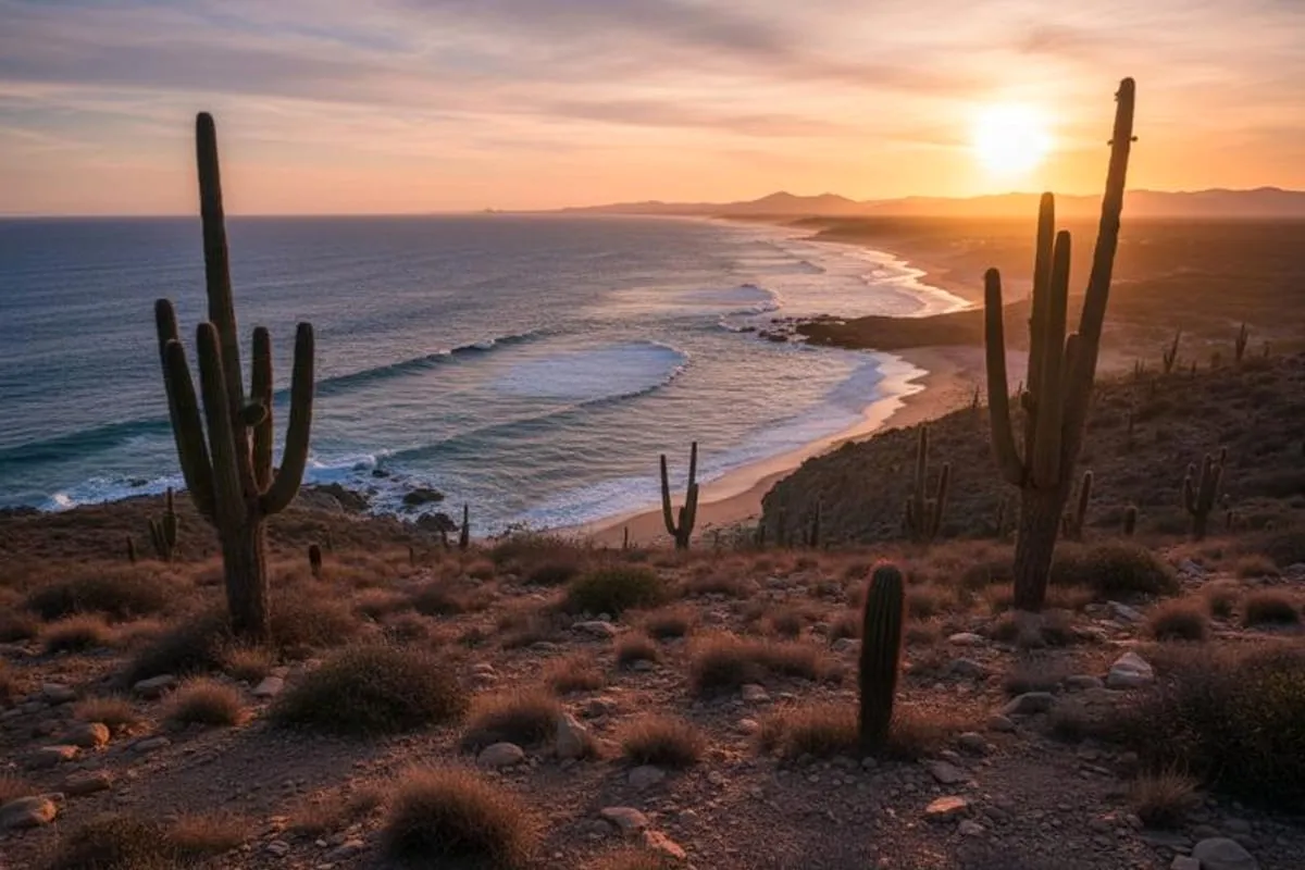 Pacific coast and desert landscape near Todos Santos in Baja California Sur