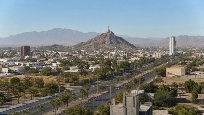 Clear March view over Torreon with Cristo de las Noas and dry Coahuila hills