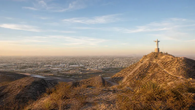 October desert city view over Torreon with Cristo de las Noas and clearer autumn skies