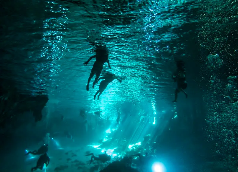 Divers swimming through the clear cave water and limestone formations at Dos Ojos