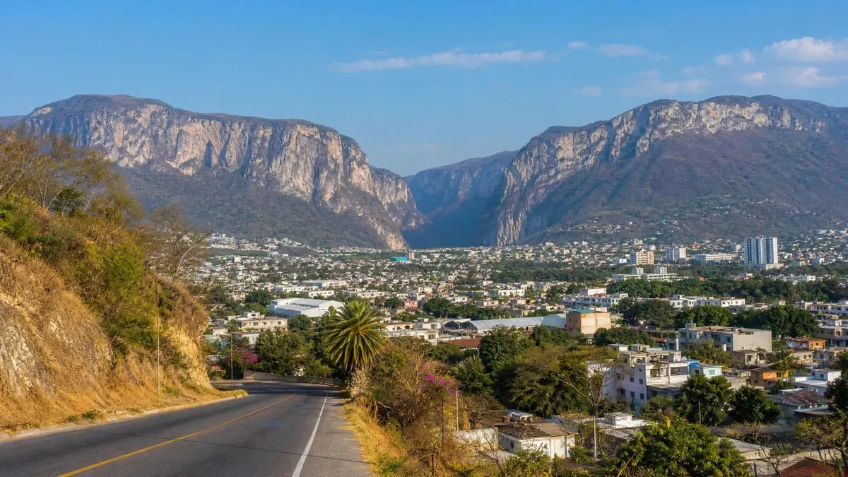 Clear February morning road through lowland Chiapas hills near Tuxtla Gutierrez